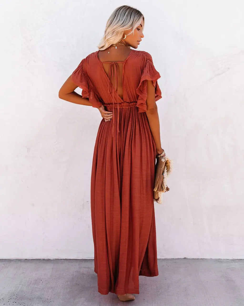 Deep V-Neck Flutter Sleeve Drawstring Button Front Maxi Dress - View 5