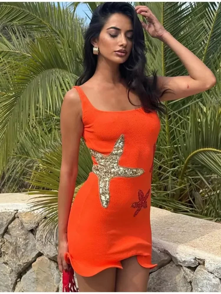 Sequin Starfish Square Neck Sleeveless Bodycon Mini Dress in Blue - View 4