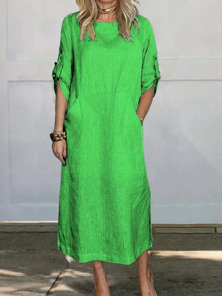 Crew Neck Short Sleeve Rolled Tab Pocket Shift Midi Summer Dress - View 7