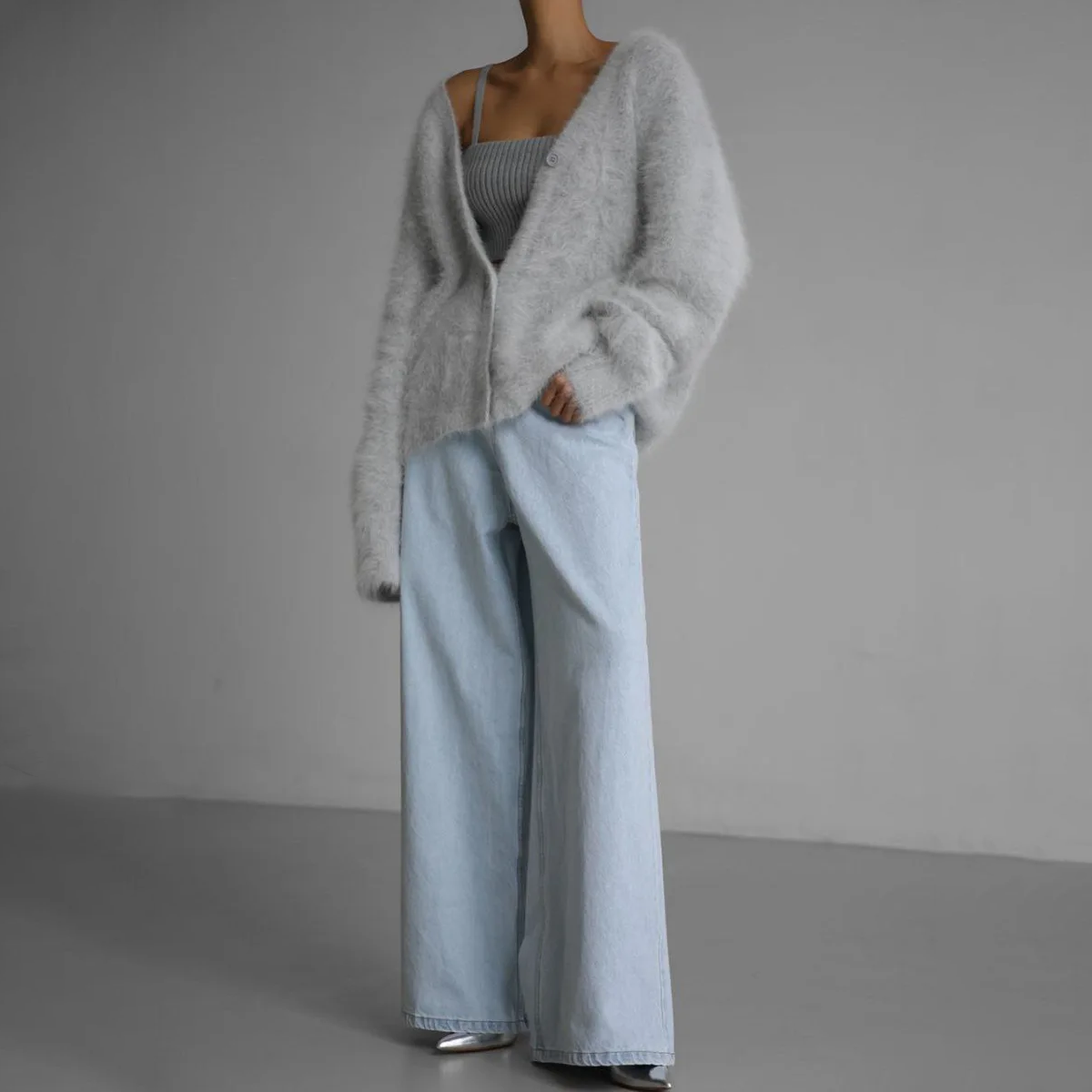 Fuzzy Knit V-Neck Button Front Cardigan 2