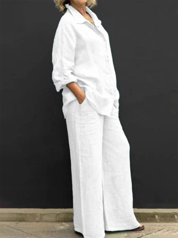 Long Sleeve Button Front Shirt and Wide Leg Pants Two Piece Set 6