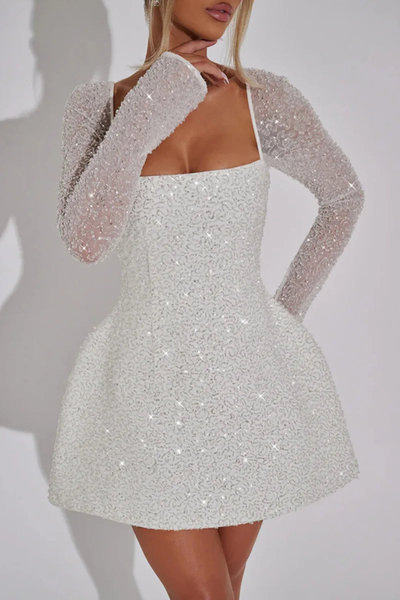 Sequin Square Neck Long Sleeve A-Line Party Mini Dress 4