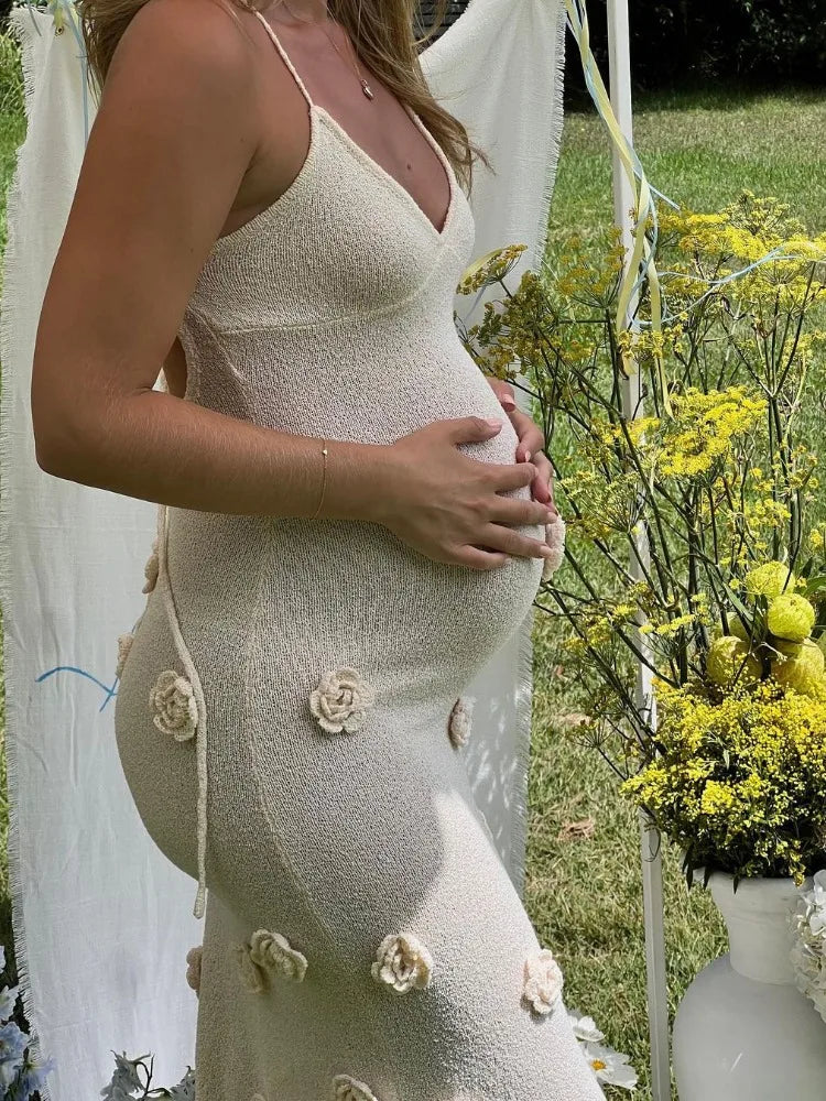 Knit V-Neck Spaghetti Strap Floral Applique Mermaid Maxi Dress - View 10