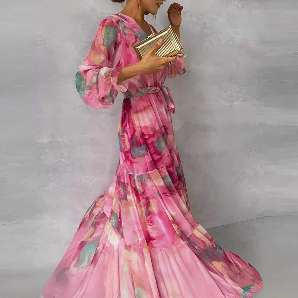 Floral Chiffon V-Neck Long Sleeve Tiered Maxi Dress 3