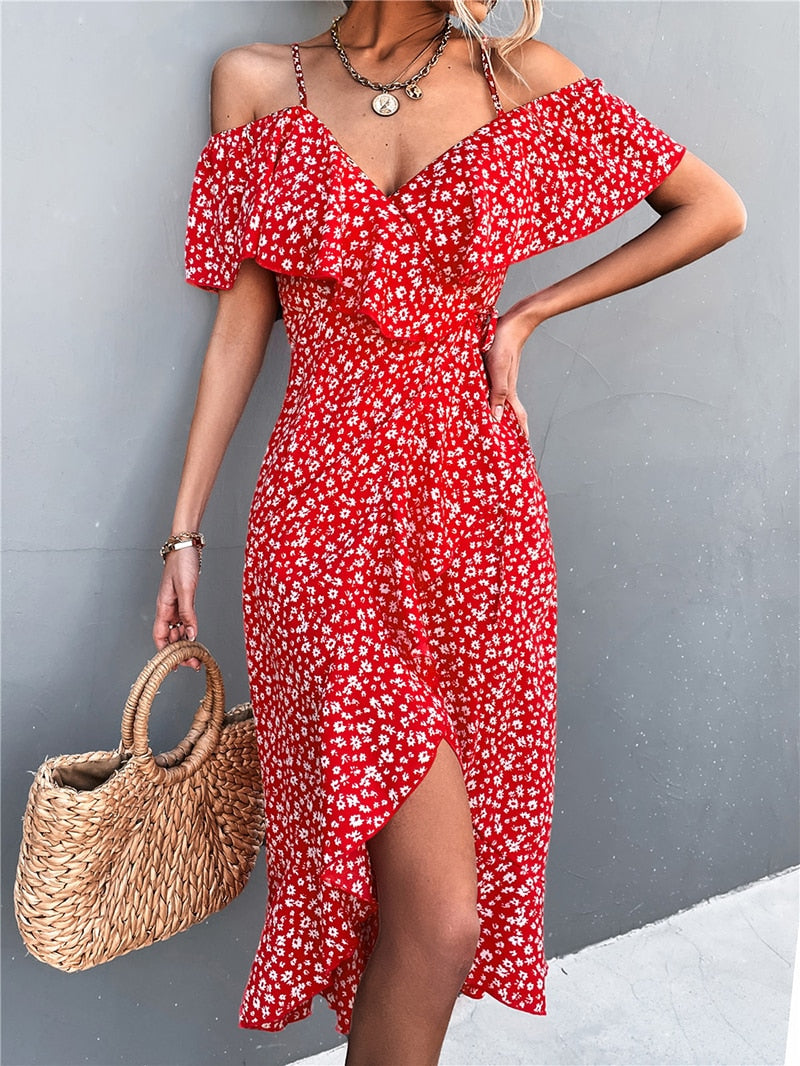 Floral Print Spaghetti Strap Cold Shoulder Ruffle Wrap Midi Dress