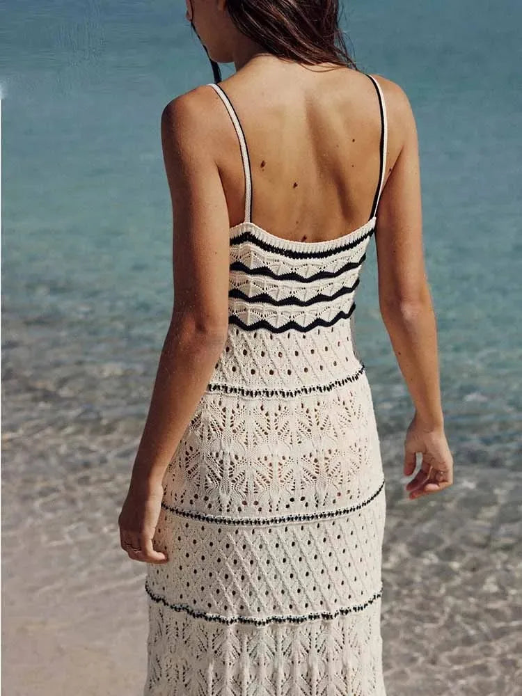 Crochet Striped Spaghetti Strap V-Neck Pointelle Bodycon Maxi Dress - View 3