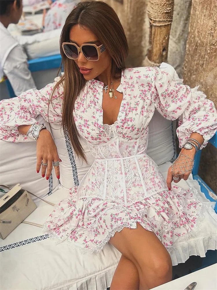 Ruffled V-neck Lace Floral Dress - View 3