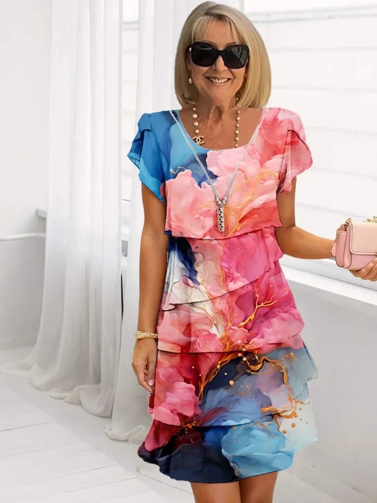 Marble Print Scoop Neck Flutter Sleeve Tiered Ruffle Midi Dress