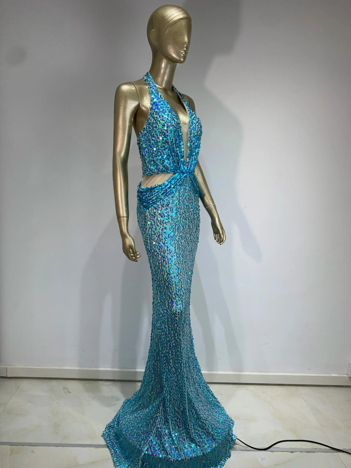 Sequin Halter Neck Deep V-Neck Cut Out Sheer Mermaid Gown - View 7