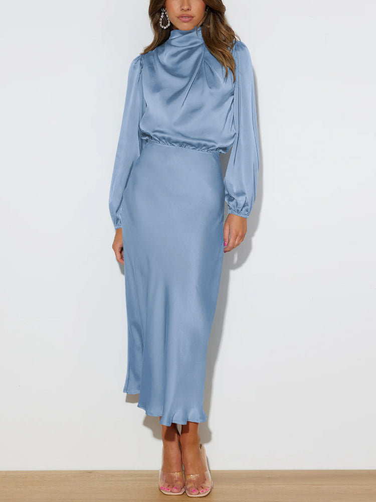 Satin Mock Neck Blouson Long Sleeve Elastic Waist Midi Dress - View 4