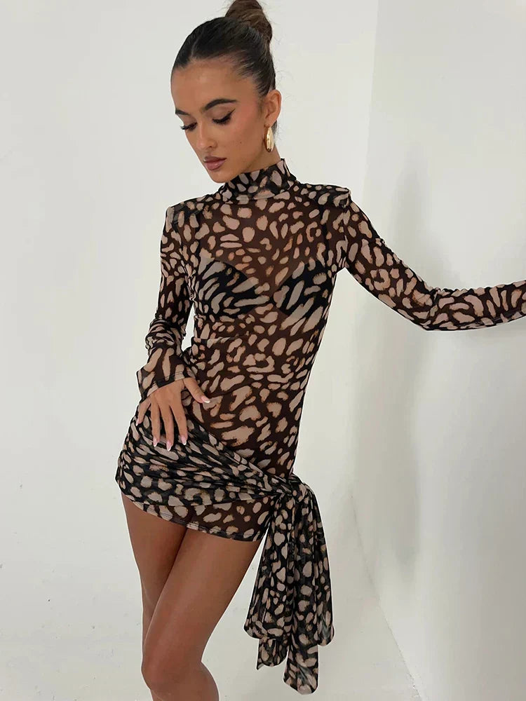 Leopard Sheer Bandage Long Sleeve Mini Dress - View 2