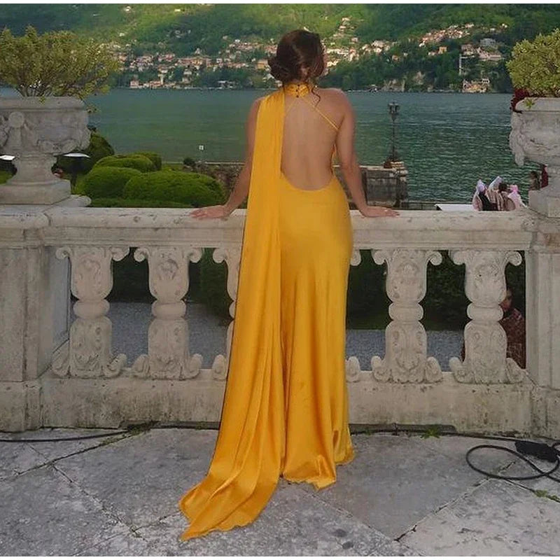 Yellow Satin Backless Lace - Up Off - Shoulder Maxi Dress - View 9