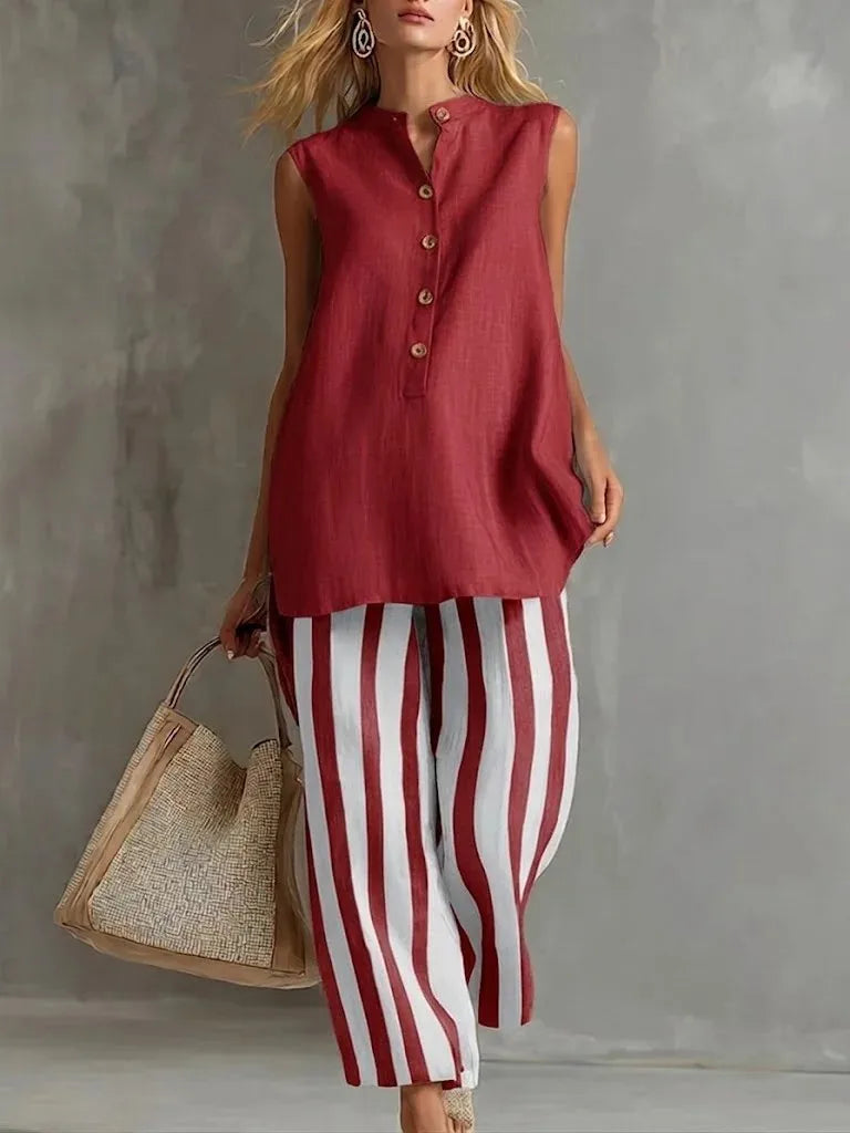 Sleeveless Button Front Tunic and Striped Wide Leg Pants Two Piece Set 5