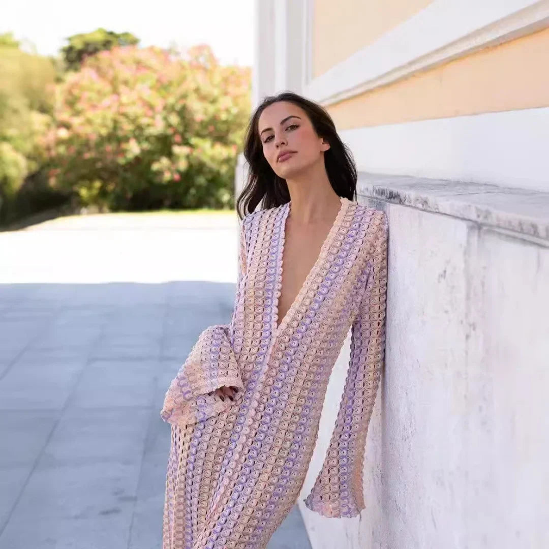 Crochet Deep V-Neck Bell Sleeve Scalloped Knit Maxi Dress - View 2