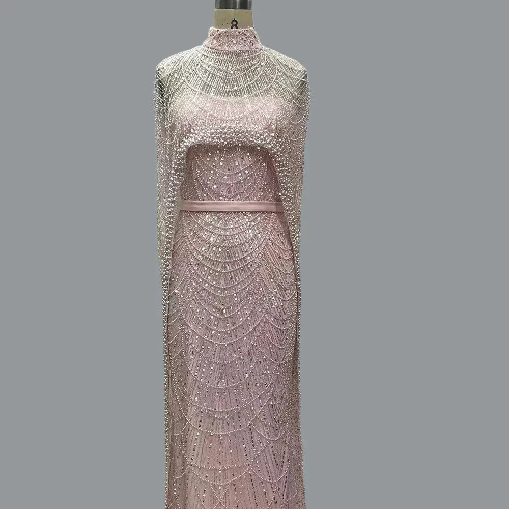 Beaded High Neck Cape Sleeve Sheer Mermaid Gown - View 10