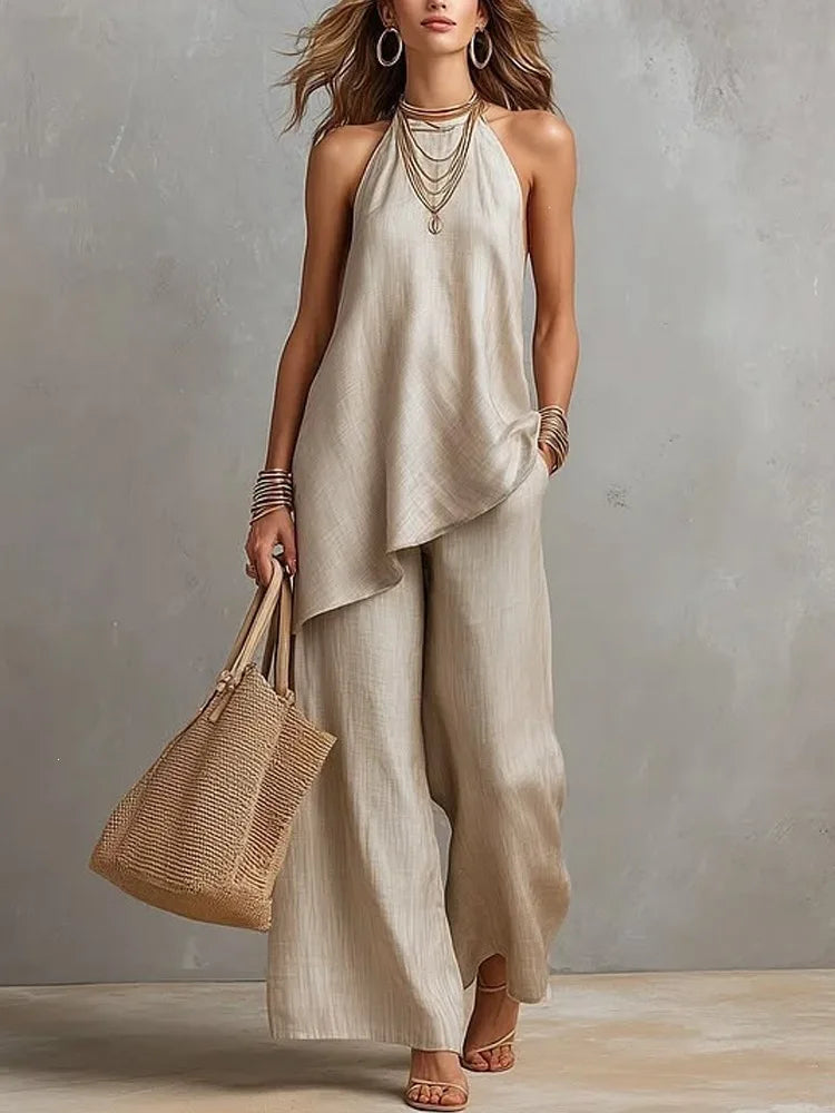 Halter Neck Asymmetric Hem Top and Wide Leg Pants Two Piece Set 5