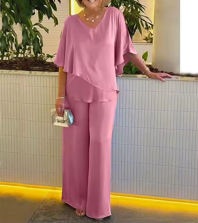 V-Neck Cape Overlay Top and Wide Leg Pants Two Piece Set 3