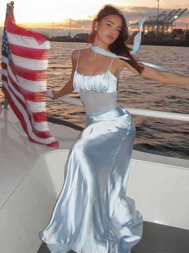 Satin Mesh Ruffle Sleeveless Backless Beach Maxi Dress