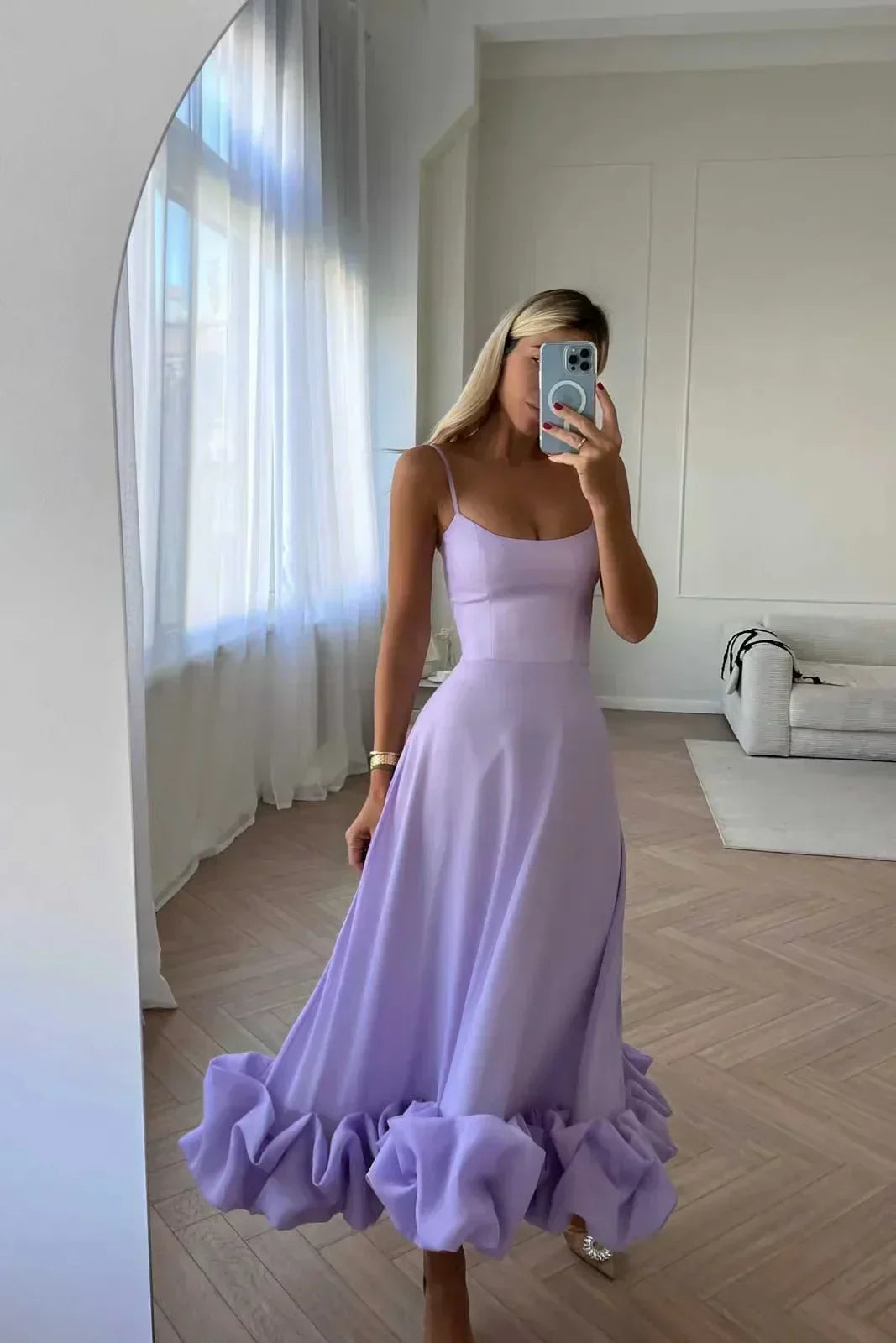 Spaghetti Strap Scoop Neck Fitted Bodice A-Line Midi Dress - View 5