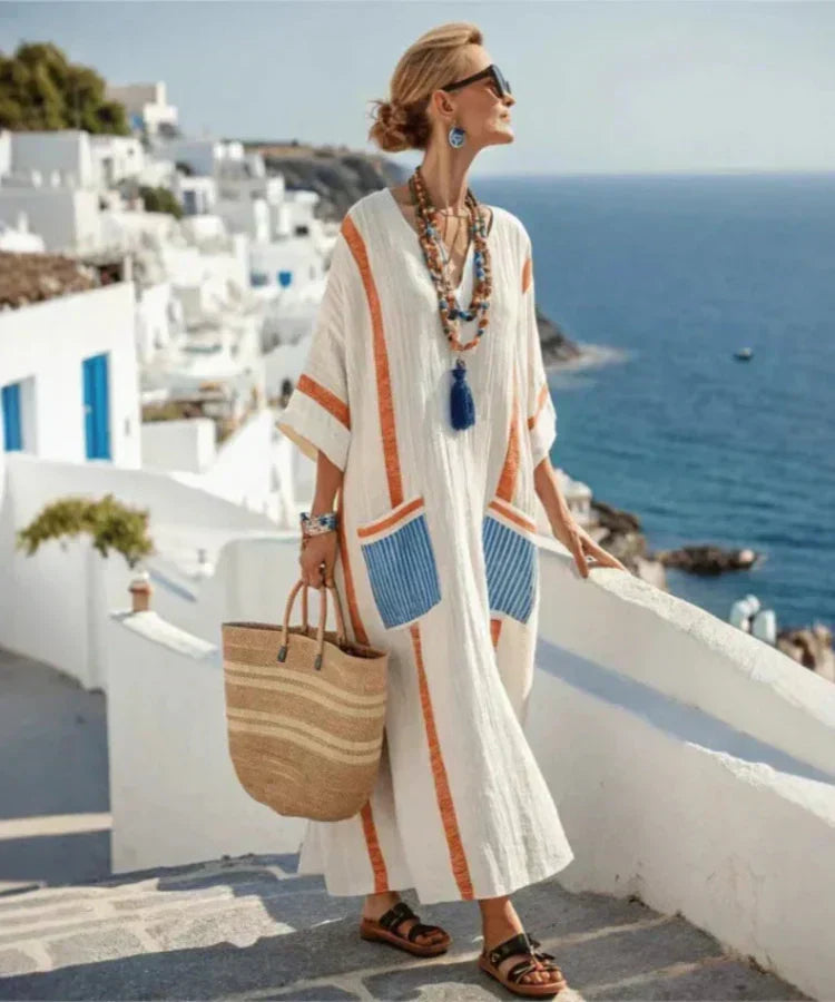 V-Neck Striped Trim Three Quarter Sleeve Beach Cover Up Kaftan 2