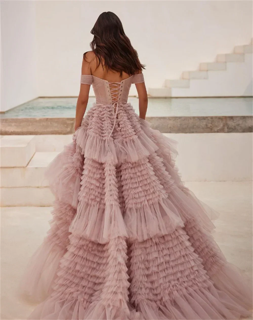 Tulle Off Shoulder Tiered Ruffle Lace Up Back Ball Gown - View 2