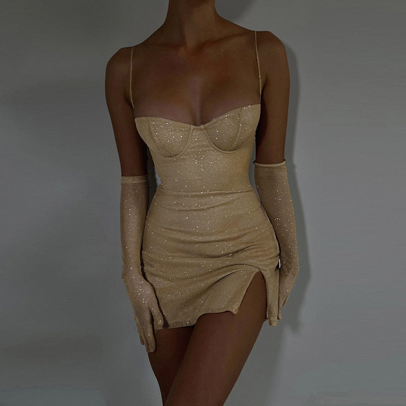 Glitter Party Club Spaghetti Strap Slit Dress