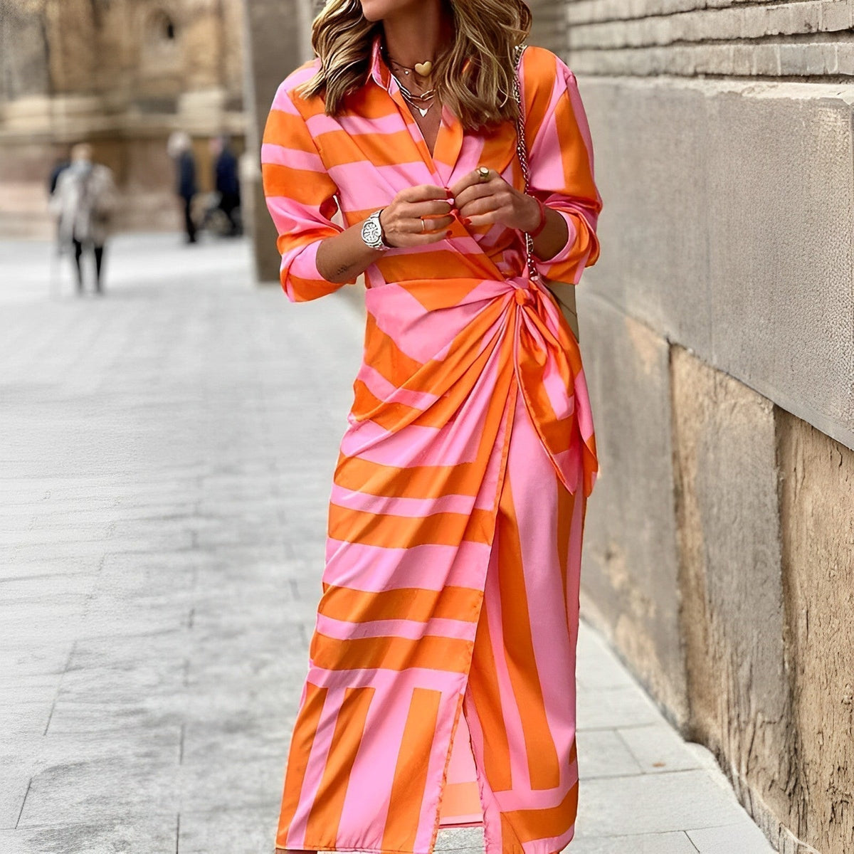 Collared Deep V-Neck Wrap Knot Waist Long Sleeve Maxi Shirt Dress - View 2