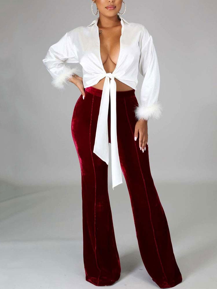 Velvet Velour Flared Bell Bottoms High Waist Pants