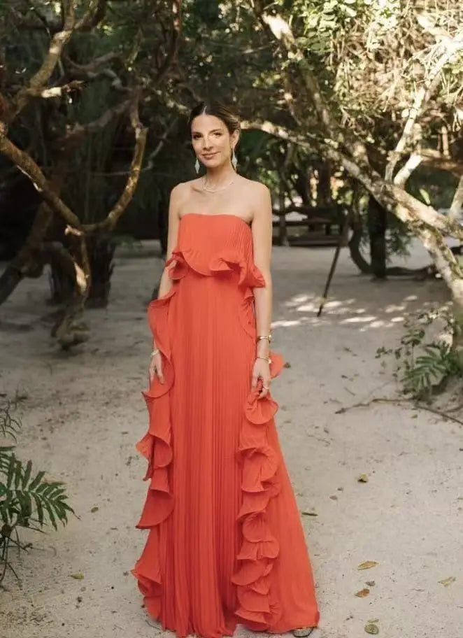 Pleated Chiffon Long Ruffled Strapless Dress - View 5