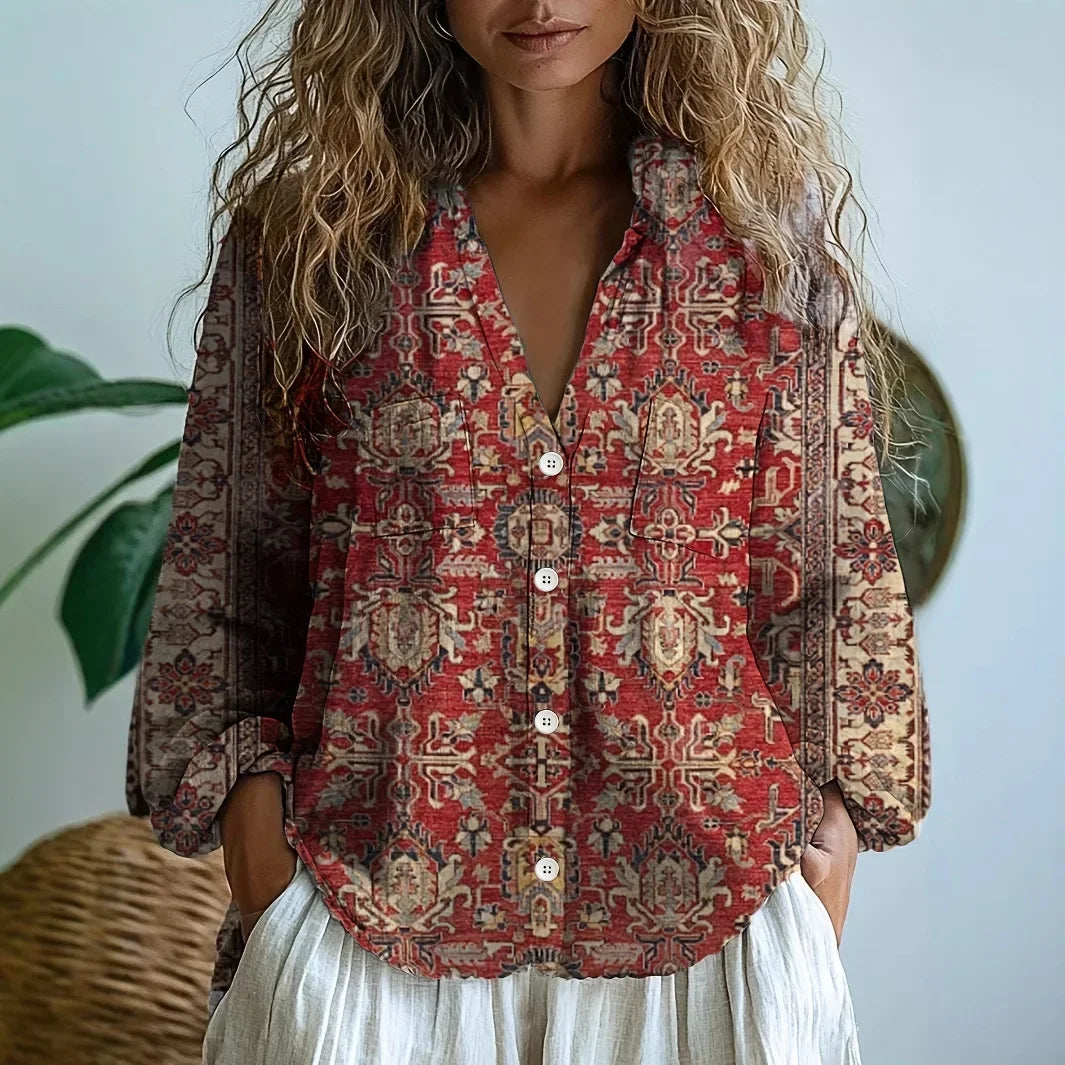 Dragonfly Print Split Neck Long Sleeve Blouse 8
