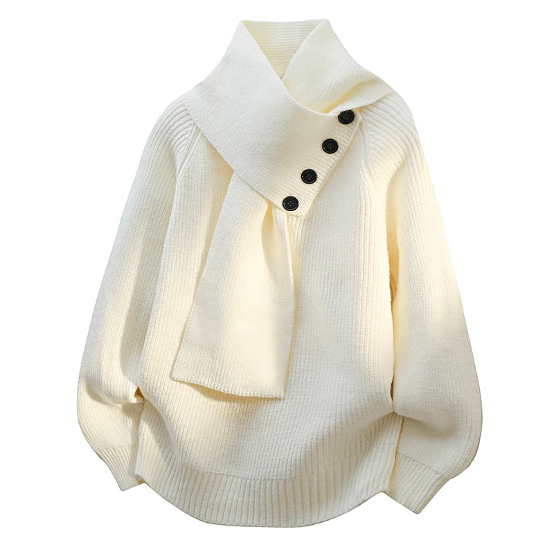 Scarf Neck Button Detail Long Sleeve Knit Sweater