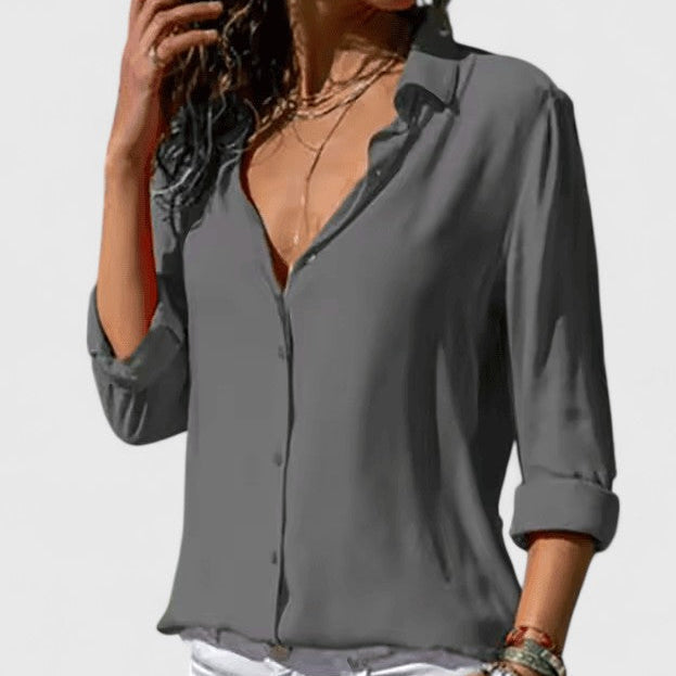 Collared Button Front Long Sleeve Satin Blouse 7