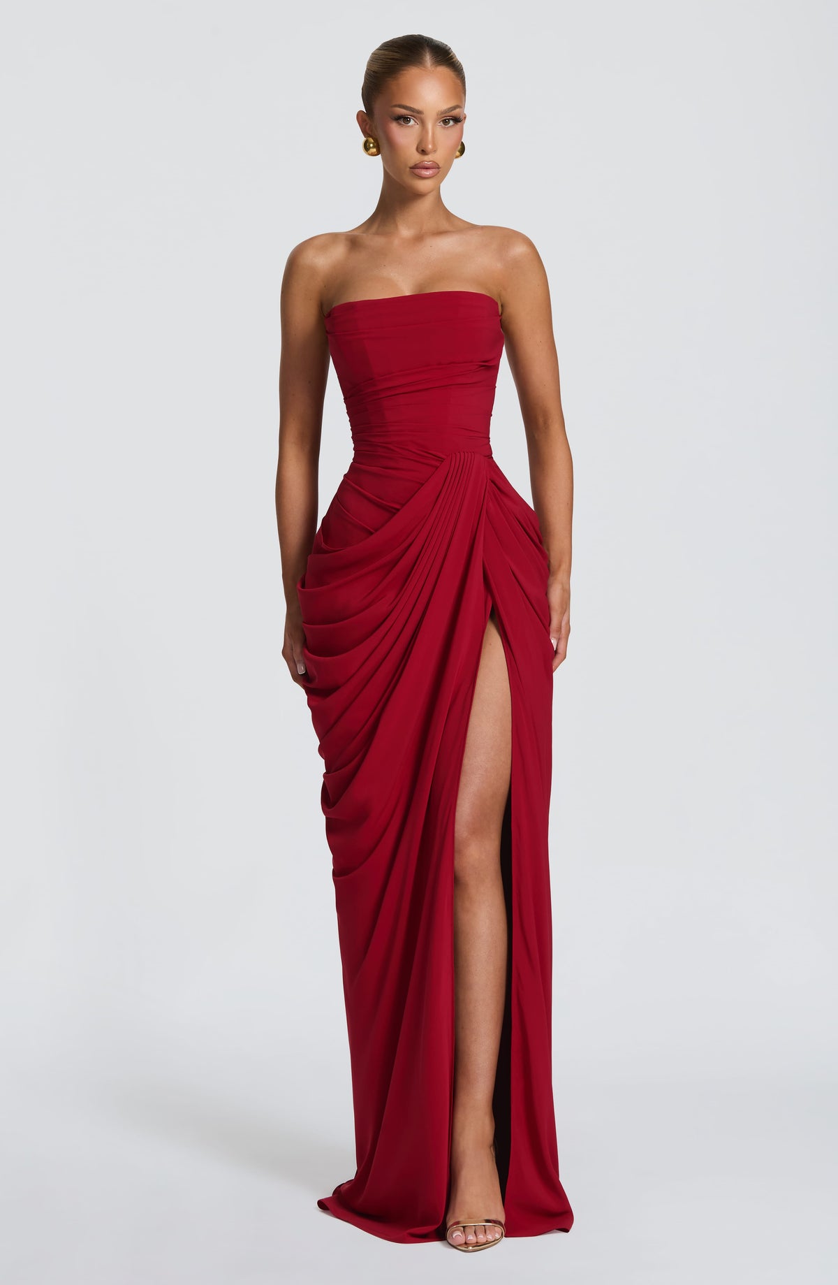 Strapless Ruched Draped High Split Maxi Gown 6