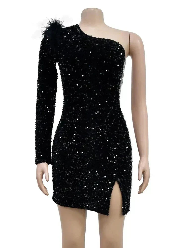 Sequin One Shoulder Feather Trim Chain Detail Mini Cocktail Dress - View 4