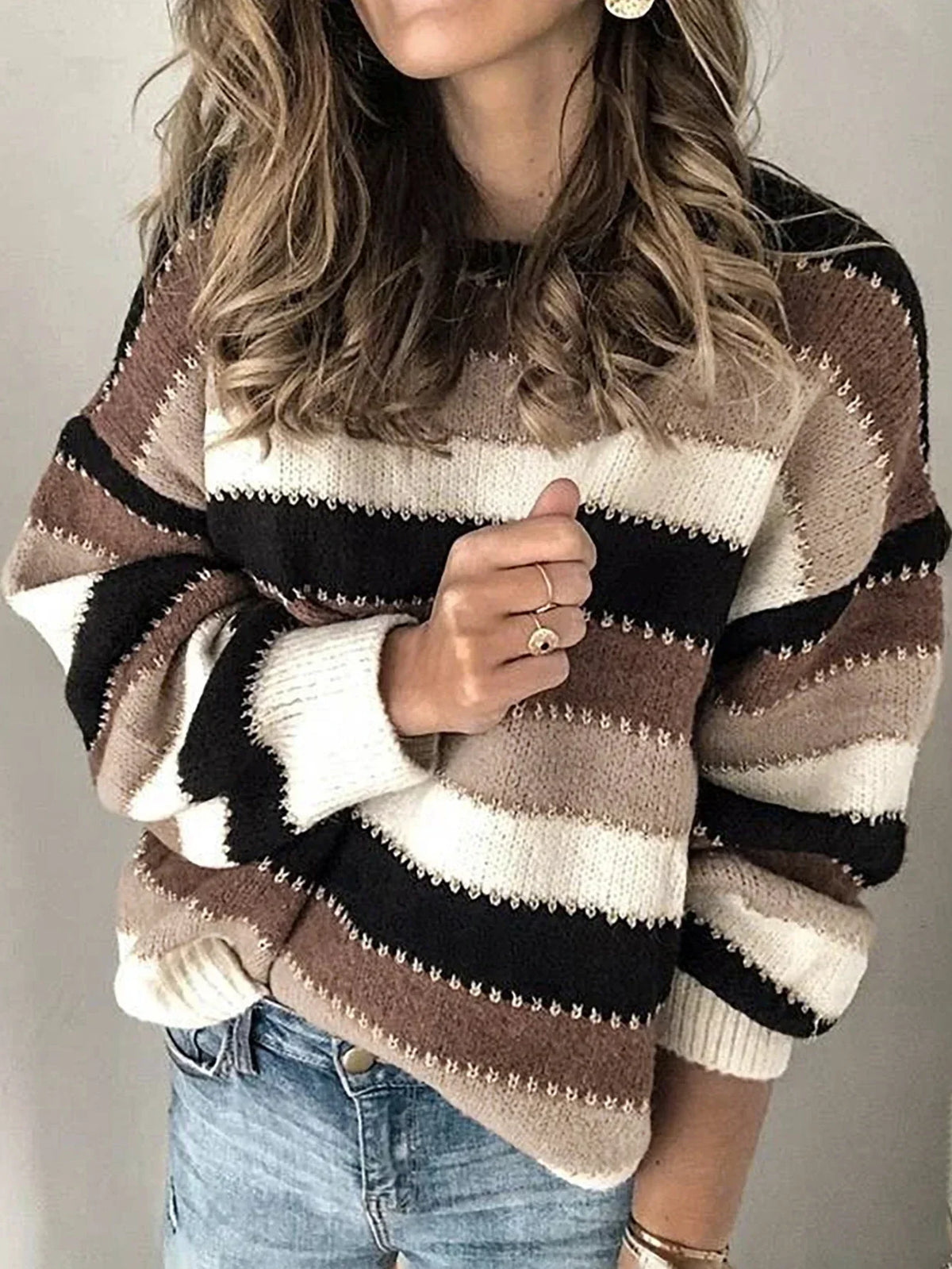 Crew Neck Striped Drop Shoulder Sweater