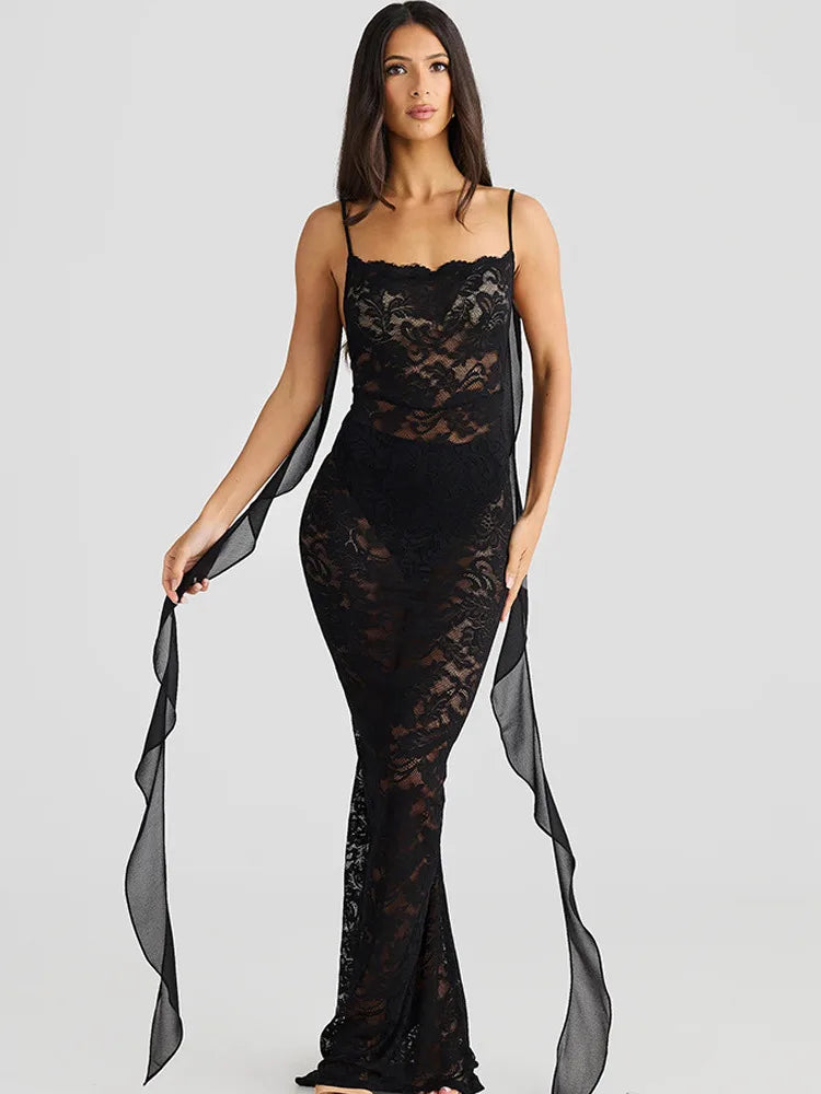 Floral Lace Backless Open Back Rosette Draped Train Maxi Gown - View 6