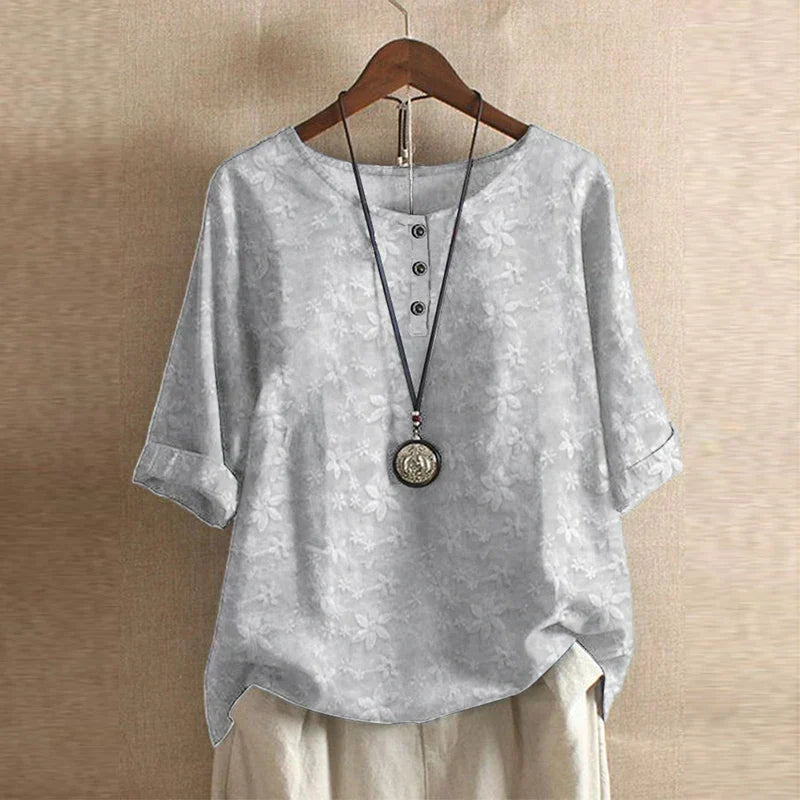 Round Neck Half Sleeve Floral Button Blouse 6