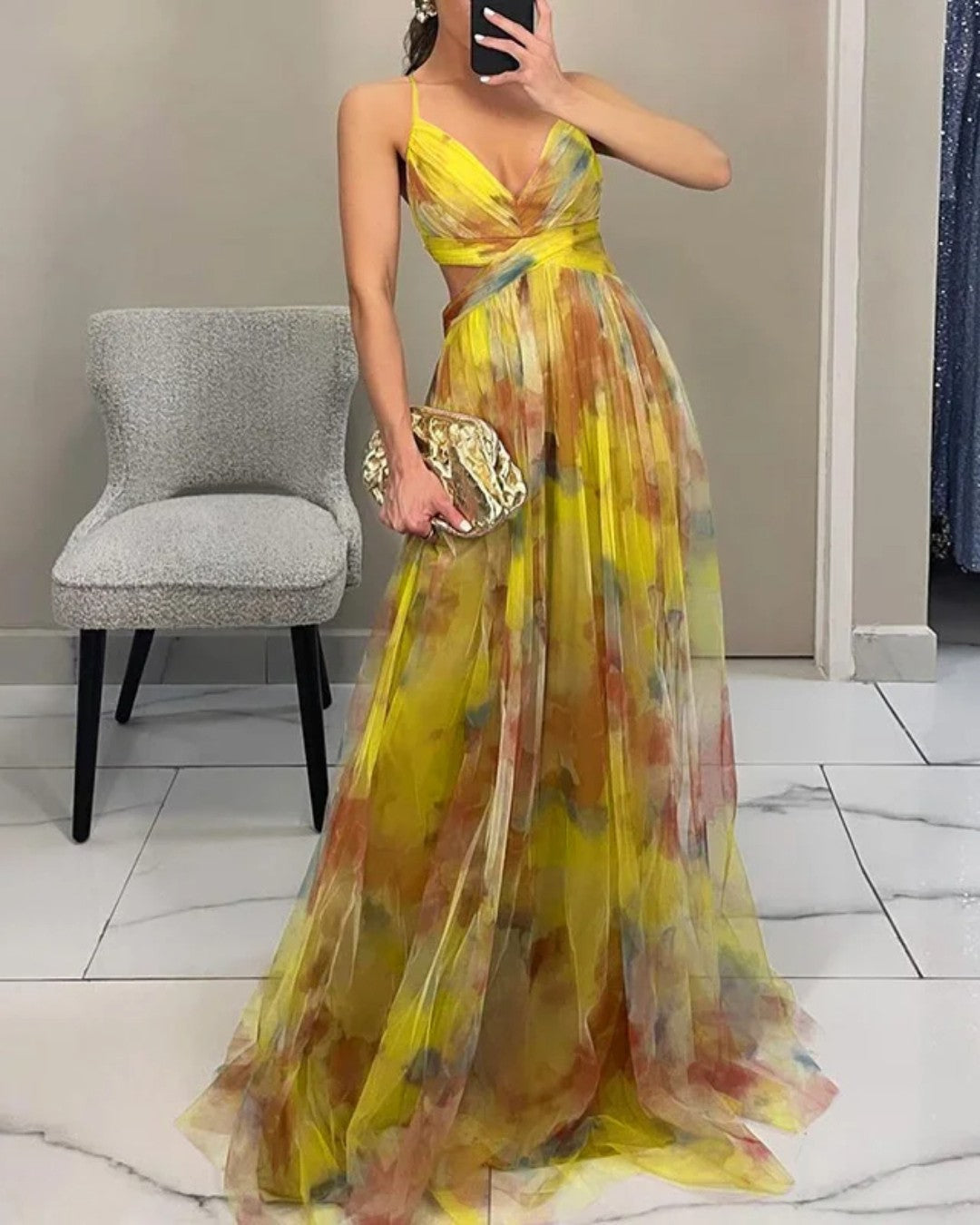 Watercolor Floral Print V-Neck Spaghetti Strap Flowy Maxi Dress 9