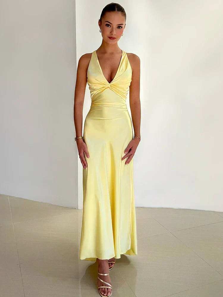 V Neck Sleeveless Satin Bow Backless Maxi Dress