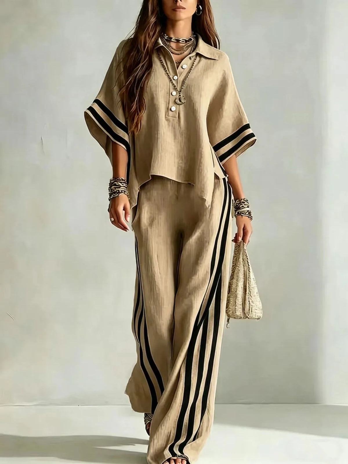 Collared Short Sleeve Top and Side Stripe Wide Leg Pants Two Piece Set 3