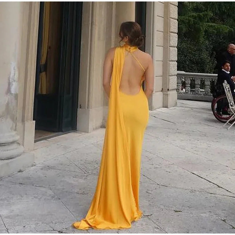 Yellow Satin Backless Lace - Up Off - Shoulder Maxi Dress - View 4