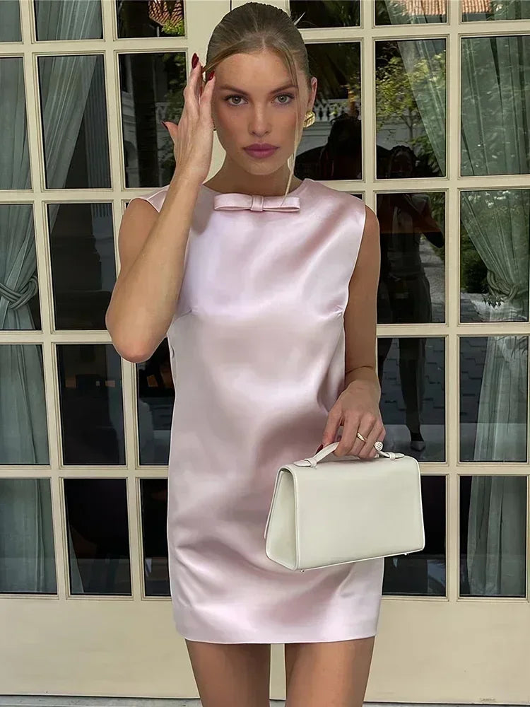 Satin Deep V-Back Bow Detail Wide Strap Shift Cocktail Mini Dress - View 4
