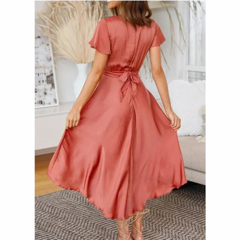 Satin Tie Front Deep V-Neck Flutter Sleeve High Split Midi Dress - View 5