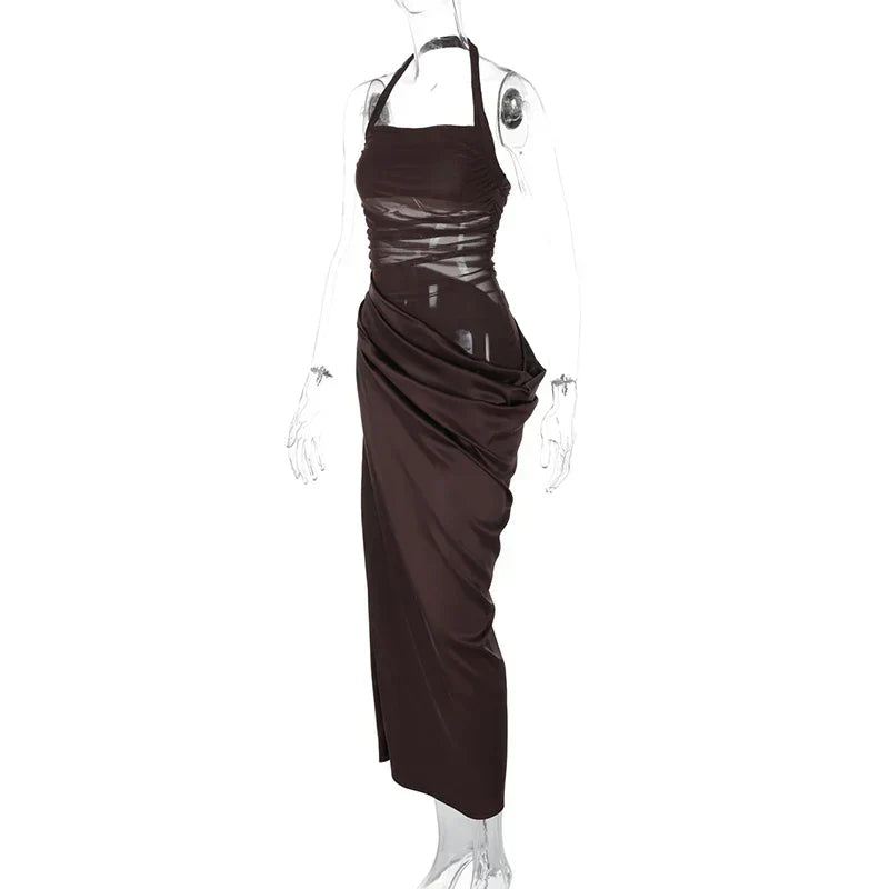 Mesh Halter Neck Backless Ruched Bodycon Maxi Dress - View 3