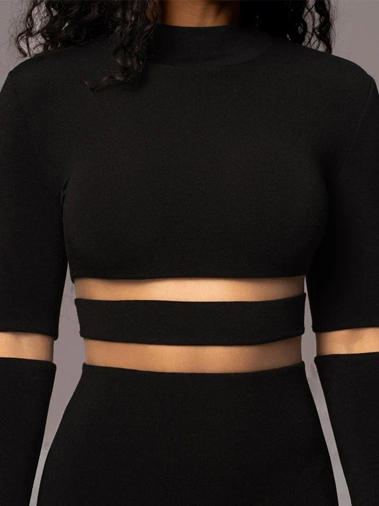 Mesh Panel Mock Neck Elbow Cut Out Long Sleeve Bodycon Midi Dress - View 6