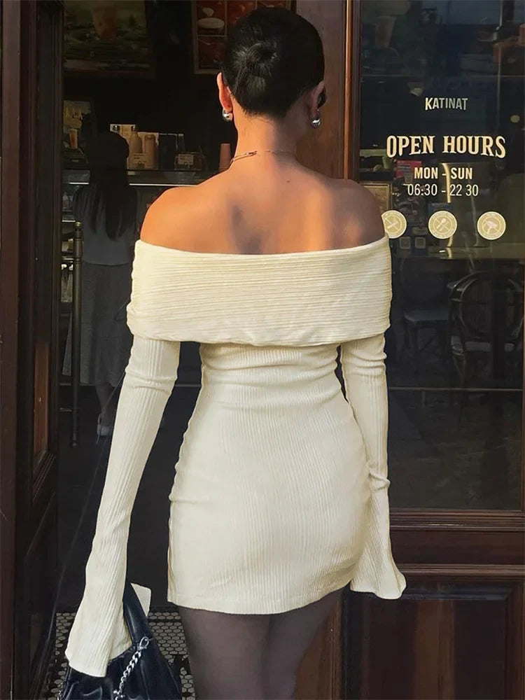 Knit Off Shoulder Long Sleeve High Split Bodycon Mini Dress - View 5
