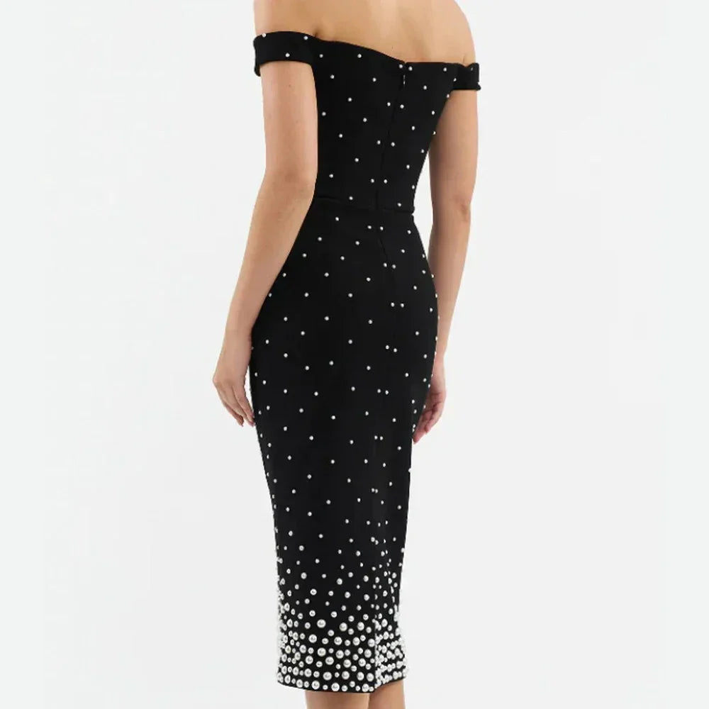 Pearl Trim Off Shoulder V Notch Beaded Gradient Hem Bodycon Midi Dress - View 2