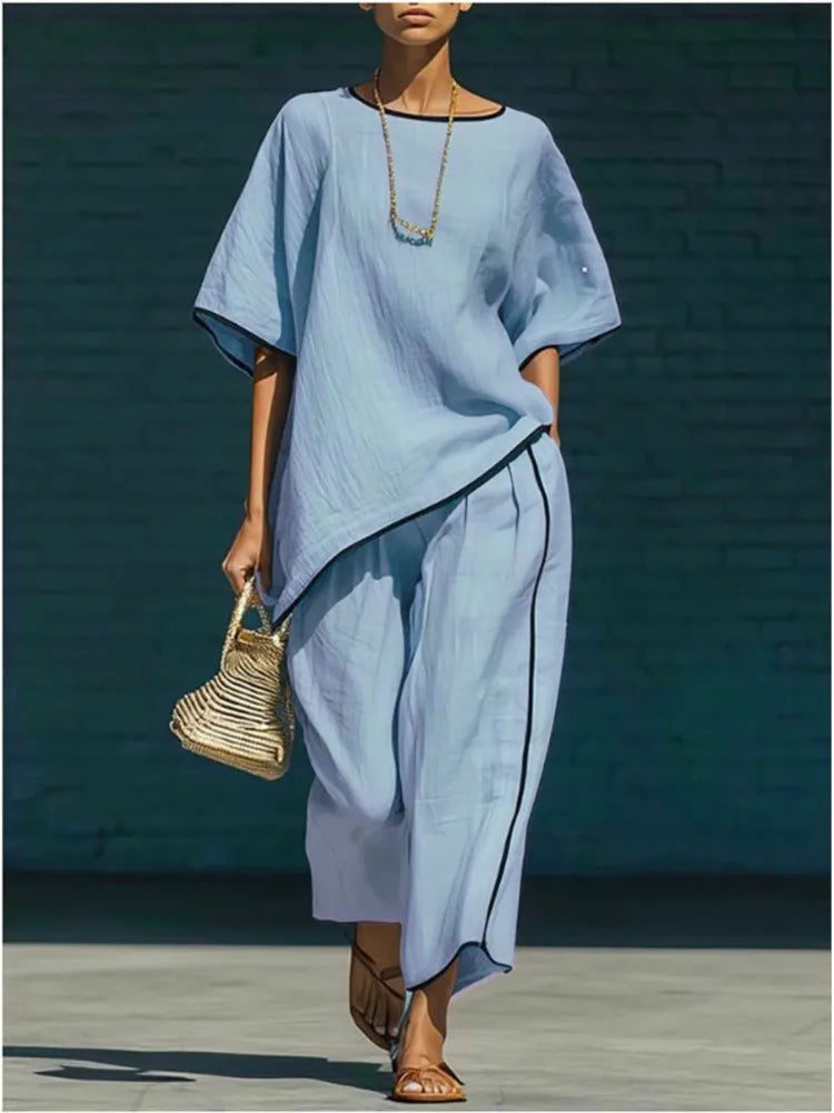 Short Sleeve Asymmetric Hem Top and Wide Leg Pants Two Piece Set