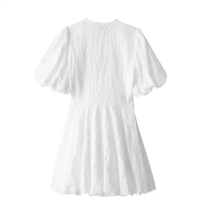 Floral Emboss Puff Sleeve Deep V-Neck Fit and Flare Mini Dress - View 6