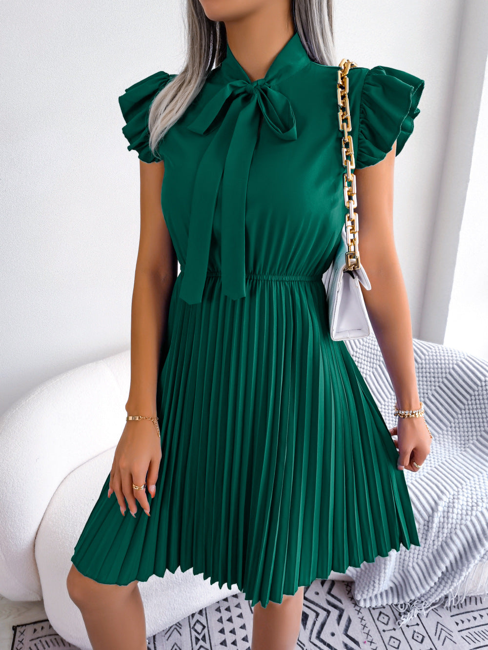 Bow Tie Neck Puff Sleeve Pleated Fit and Flare Mini Dress - View 2